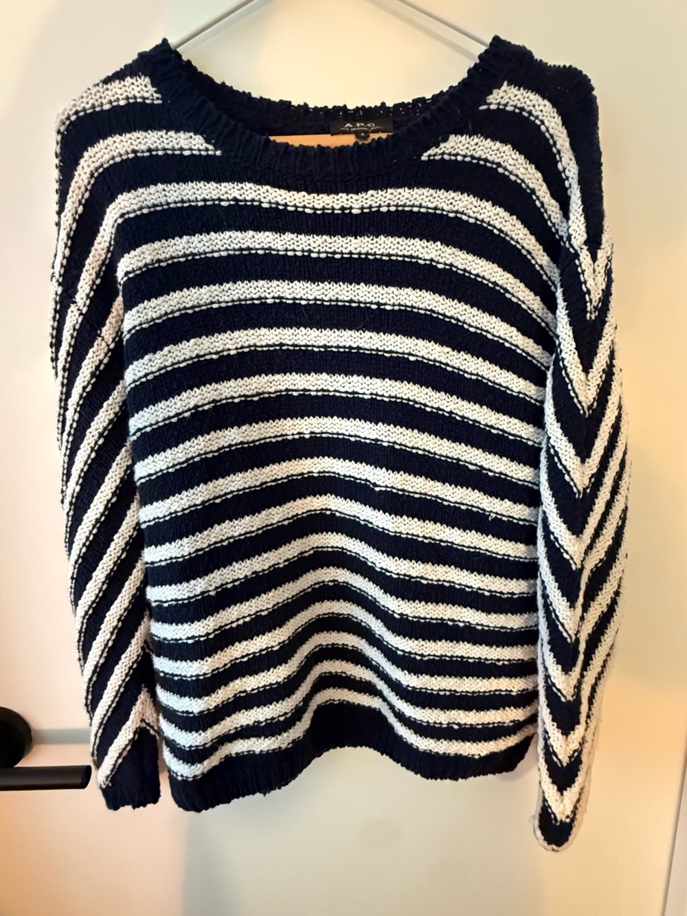 APC Navy and White Striped Crewneck Sweater
